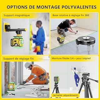 Niveau Laser Chantier Autonivelant 360° x 4, Lazer Niveaux 4D 16 Lignes Laser, Autonivellement et Mode Pulsé Extérieur, 2 x Batterie, Nivellement Automatique, Support Rotatif, Télécommande