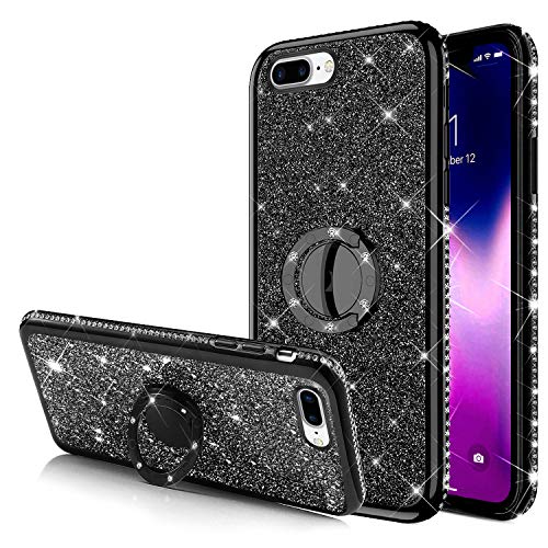 ikasus Funda para iPhone 8 Plus/iPhone 7 Plus con purpurina, con diamantes de imitación brillantes, parachoques con anillo, soporte flexible de goma suave, funda protectora de gel TPU para niñas y mujeres, Negro, iPhone 8 Plus