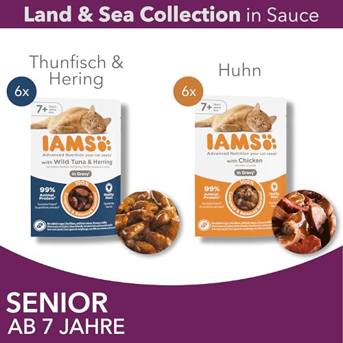 IAMS Delights Senior Katzenfutter Nass - Multipack mit Huhn und Fisch in Sauce, hochwertiges Nassfutter für ältere Katzen ab 7 Jahre, 12 x 85 g