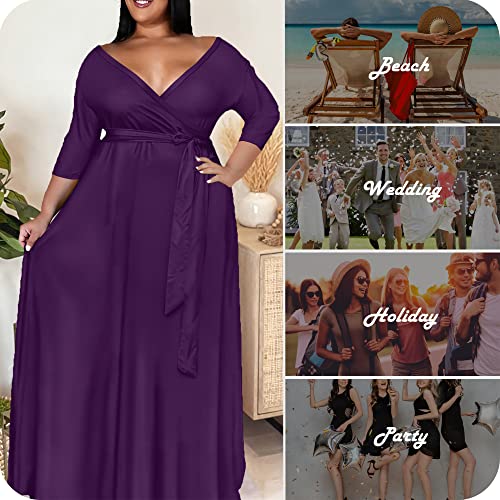 Image of Nmoder Plus Size Maxi Dress for Women - Summer Casual 3 /4 Sleeve Floral Flowy Long Dress with Belt XL- 6XL