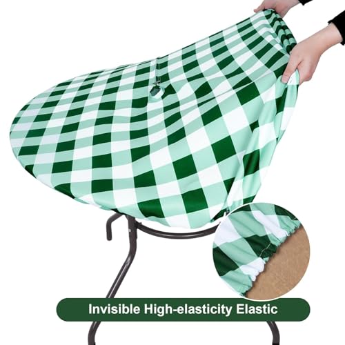 Poise3EHome Fitted Round Green Checkered Outdoor Tablecloth, Polyester SpillProof Plaid Table Cloth with Umbrella Hole Zipper Elastic for Patio Garden Poolside Picnic Fits to 32"-38" Patio Table by Poise3EHome - Used condition - Image 7