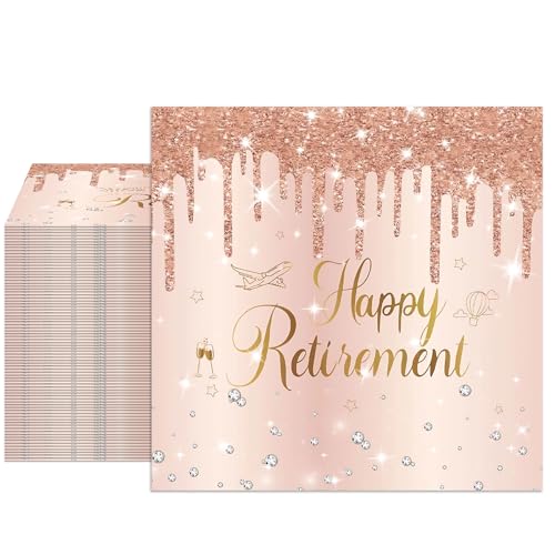 Retirement Party Decorations for Women 40Pcs Happy Retirement Paper Napkins Pink and Rose Gold Happy Farewell Napkins Celebration Party Supplies for Dinner, Lunch, Farewell Reception