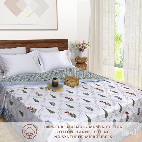 Image of TOAIArt Premium Jaipuri Dohar | AC Blanket Summer Quilt | Hand Block Printed | 3 Layers | Reversible | 150GSM 100% Mulmul Cotton | 100% Cotton Flannel Filling | Queen 90 inch X 108 inch |Adil Jaal