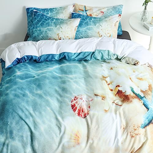 Cottonlife A926-HT-T(C) Ocean Duvet Cover Twin, Soft Microfiber 3 Pieces 3D Twin Ocean Bedding Set, Beach Seashell Nature Sea Themed Pattern Digital Print Beach Duvet Cover Twin thumb #8