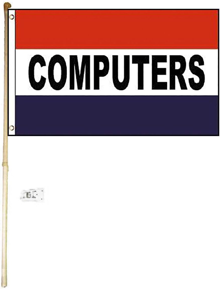 3x5 3'x5' Computers Red White Blue Polyester Flag With 5' (Foot) Flag Pole Kit With Wall Mount Bracket & Screws (Imported)