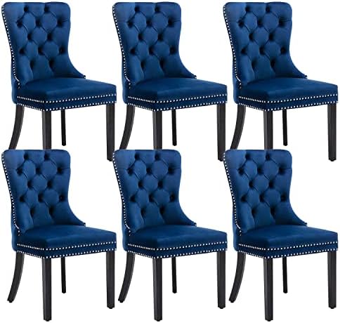 Eifizek Velvet Dining Chair Set of 6, Tufted Dining Room Chairs with Nailhead Ring Pull Trim, Upholstered Dining Chairs with Solid Wood Legs for Kitchen Dining Room (Blue)