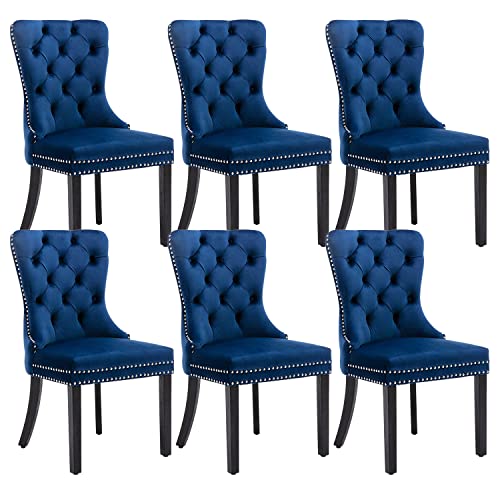 Eifizek Velvet Dining Chair Set Of 6, Tufted Dining Room Chairs With Nailhead Ring Pull Trim, Upholstered Dining Chairs With Solid Wood Legs For Kitchen Dining Room (Blue) #TOP1