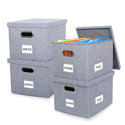 Collapsible File Storage Boxes with Lids Large Capacity Organizer Letter/Legal File Floder Storage, Home Desk Storage Box, Office Box , 4Packs Gray