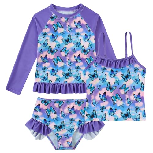 Image of BFUSTYLE Girls Swimsuit 3 Pieces Rash Guard Kids Long Sleeves Bathing Suit 3-8 Years Sun Proction Swimwear Tankini