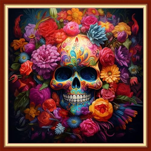Image of Redxing Stamped Cross Stitch Kits Full Range of Embroidery Starter Kits- Needlepoint Counted Cross Stitch Kits for Beginner Adults 11CT Printed Embroidery Kit-Skeleton Flower 18x18 inch
