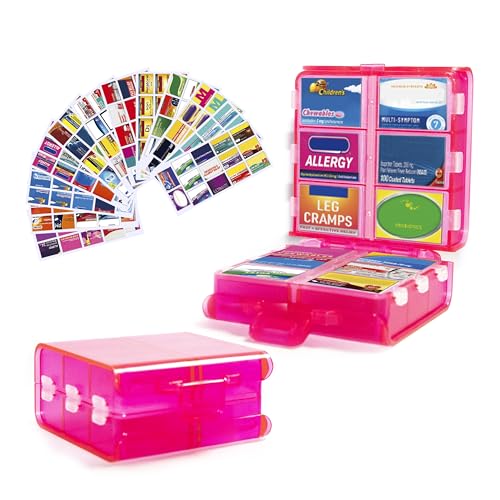 Image of Large Pill Organizer with Medicine Labels, Pill Dispenser 12-Compartment Travel Medication Storage Case, 7-Day Pill Box for Vitamins & Supplements (Pink, 161 Labels)