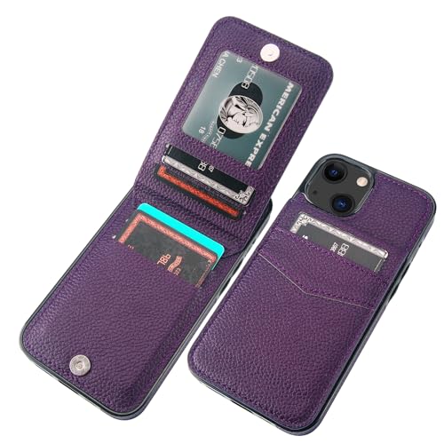 Image of KIHUWEY Compatible with iPhone 13 Case Wallet with Credit Card Holder, Premium Leather Magnetic Clasp Kickstand Heavy Duty Protective Cover for iPhone 13 6.1 inch (Lichee Dark Purple)