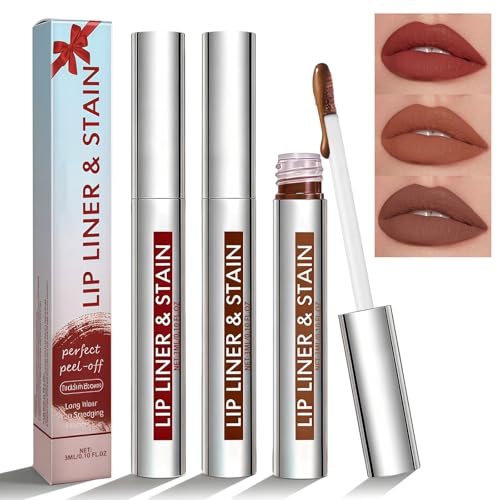 3Pcs Peel Off Lip Liner Fleck,Langlebiger Tattoo Lipliner,Wasserdichter Peel Off Matte Finish Lippenfleck, lippenstift zum abziehen,Highly Pigmented Tint(Kakao, Rotbraun, Nude)