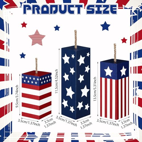 Weysat 3 Pcs 4th of July Wood Firecracker Decorations Patriotic Table Centerpieces Glitter Red White Blue Star Firework Tabletop Sign 250th Anniversary American Flag Tiered Tray Decor for Home - Thumbnail 2