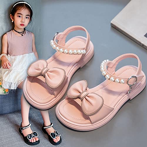 Kids Girls Open Toe Strappy Dress Casual Flat Solid Drawstring Rome Sandals Pearl Bow Ankle Princess Shoes2