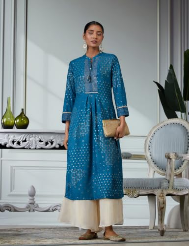 Image of Rangriti Teal Blue Viscose Straight Printed Kurta for Women