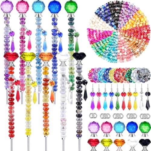 300 Pcs DIY Fairy Wand Beaded Garden Stakes Kit, Fairy Wands Garden Kit Colorful Large Hole Bead with Pendants Crystal Stopper Top Threaded Rod Beaded Garden Stakes Supplies for Outdoor Decorative
