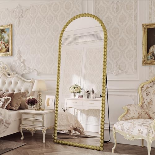 Image of Vintage Full Length Mirror with Stand, 71x28 Inch Arched Beaded Full Body Mirrors, Large Floor Mirror Standing Mirror Full Length Wall Mounted Decor for Bedroom Living Room Cloakroom, PU Frame, Gold