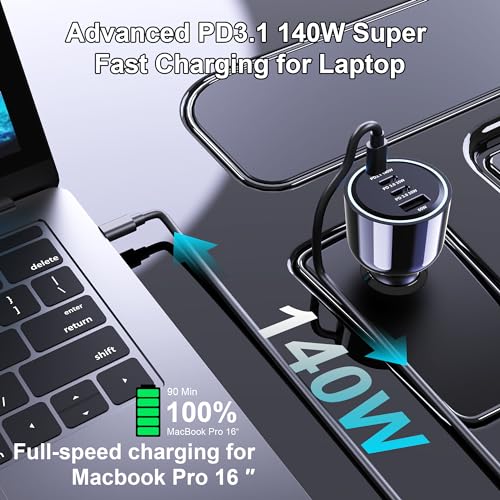 Image of 240W USB C Car Charger, Super Fast Charging 4-Ports PD3.1 140W /PD3.0 100W PPS 45W QC65W Type-C Car Adapter for MacBook Pro Laptop iPhone 16 15 Max iPad Samsung Galaxy S24 /23 Pixel etc