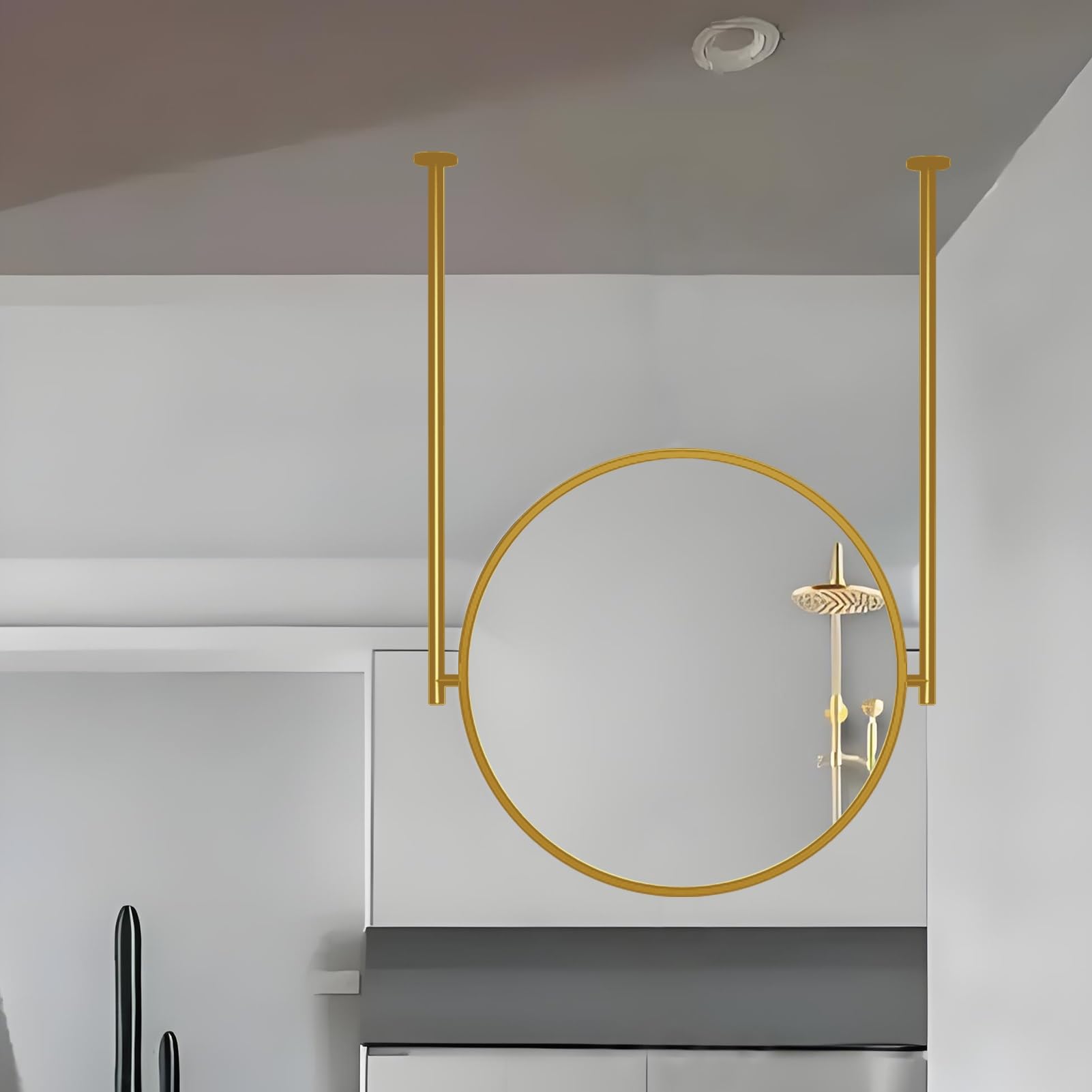 FGXHHS Ceiling Hanging Floating, Gold Round Frame and Metal Boom Vertical Mount HD Mirrors for Entrance Hallway Decorative(Diameter-50CM/19.7INCH)