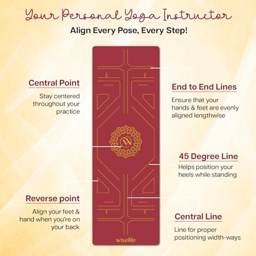 Image of Wiselife Tru Body Alignment Yoga Mat + Sleek Yoga Strap For Men And Women | Non-Slip Textured Extra Wide & Thick | Pro Balance Tpe Exercise Mat For Home, Pilates, Gym & Fitness (6Mm, Wine)