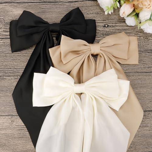 Velscrun Hair Bows for Women Girls 3Pcs White Silky Satin Large Hair Bow Black Coquette Bow Brown Big Bows Hair Clip Oversized Hair Ribbons Long Tail Hair Bow Hair Barrettes Hair Accessories Gifts