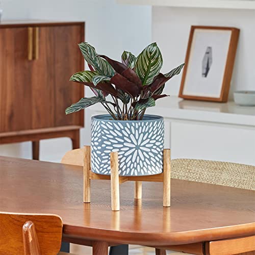 Image of LA JOLIE MUSE Ceramic Planter with Wood Stand - 8 Inch Unique Modern Flower Pots Indoor with Wood Planter Holder and Drainage, Frost Gray