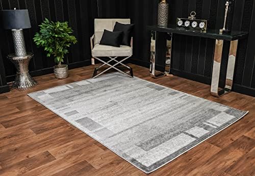 A2Z Rug|Palma 9958 Modern Abstract Silver Grey Border Pattern|Living Room Bedroom Dining Room Area Rug|Soft low Pile|200x290cm - 6'7"x9'6"ft|Contemporary Large Area Carpet