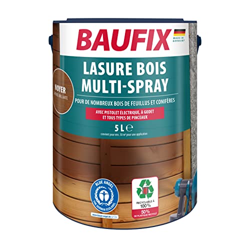 BAUFIX Lasure Bois Multi-Spray noyer, satinée brillante, 5 litres, Lasure pour bois, A pulvériser sur les bois de résineux et de feuillus, pour les pistolets électriques et pistolets à gobelet
