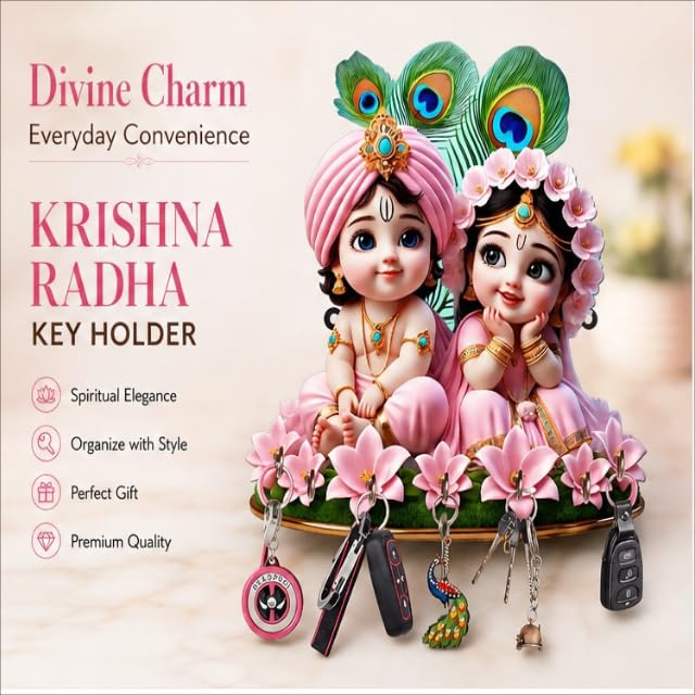 Image of Radha Krishna Wooden Key Holder for Wall with 7 Hooks | Decorative Wall Mounted Key Stand for Home Entrance, Living Room, Office & Puja Room | Spiritual Wall Decor Gift by Dakshestry Artworks
