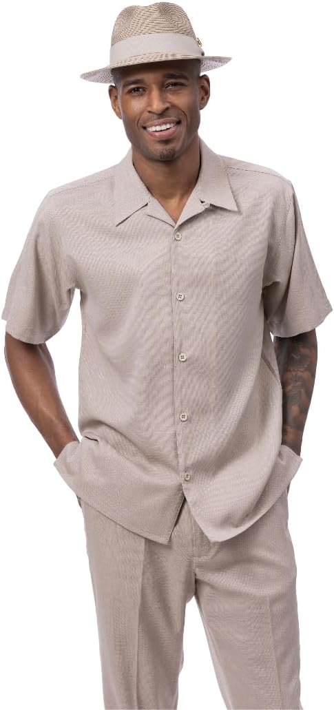 MONTIQUE Walking Suit For Men 2 Piece Set - Short Sleeve Shirt and Long Pants, Solid Colors - LN77