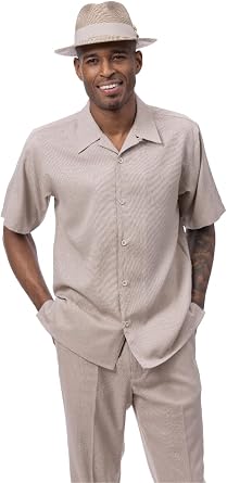 MONTIQUE Walking Suit For Men 2 Piece Set - Short Sleeve Shirt and Long Pants, Solid Colors - LN77