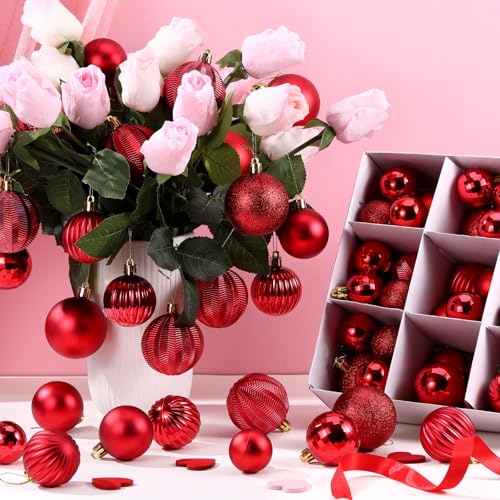 Lunmon 64 Pcs Valentines Day Ball Ornaments Matt Glitter Red Ornament for Tree 1.6/1.97/2.4 Inch Shatterproof Hanging Valentines Decoration for Tree Home Wreath Holiday Indoor Decor by Lunmon - Image 6