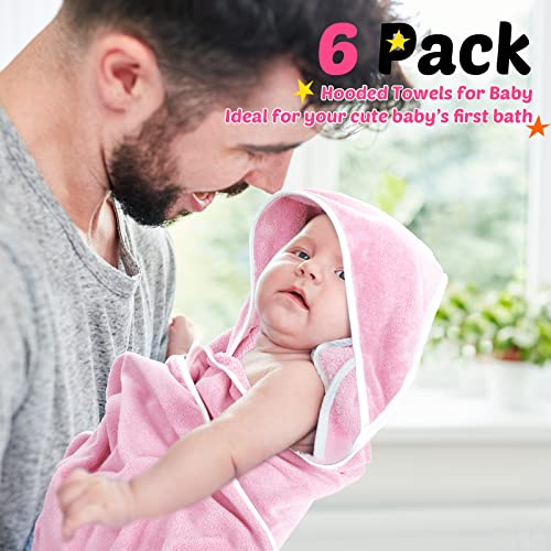 6 Pack Baby Bath Towel, Coral Fleece Soft Absorbent Newborn Hooded Towel For Kids, 30 X 30 Inch Hooded Baby Toddler Bath Blanket Towel For Babies Toddler Infant Shower Gift Supplies (Pink, White) #TOP4