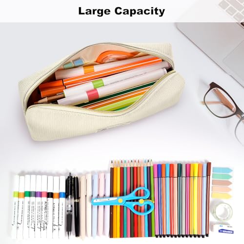 Image of FINPAC Pencil Case, Corduroy Aesthetic Makeup Bag, Cute Kawaii Pen Bag Pouch Holder Box Organize for Study, Office, or Travel (Beige)