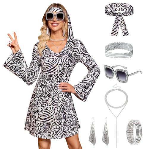 Women Halloween 1970s 70s Disco Costume Party Go Go Groovy Dresses Black White Swirl L