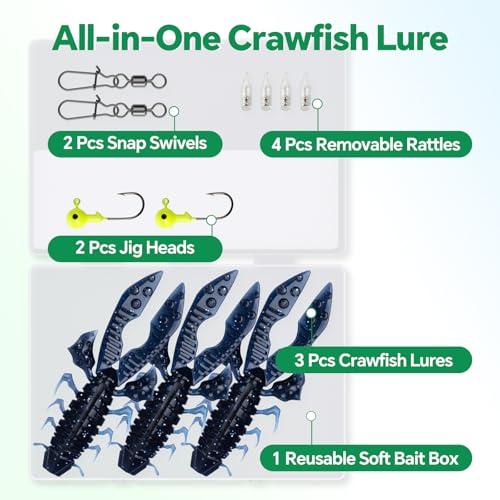 Image of Battle Craw Crawfish Soft Baits with Removable Rattles, Bass Lures | Customizable rattle system for silent /sound mode, Salt infused crawdad Ready-to-fish kit for texas rig, 4.1 /5.5in, 3 Colors