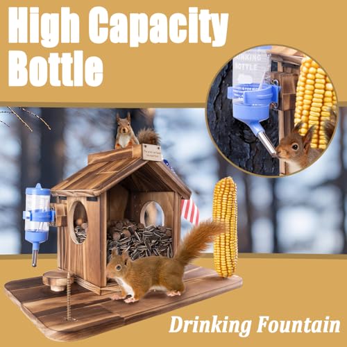 Squirrel Feeder for Outside,Durable Wooden Squirrels Feeder Platform,Squirrel Houses Picnic Table with Flag&Wooden Ladder,with Squirrel Water Feeder and Stools,Fun Squirrels Houses for Garden Yard