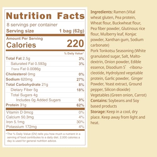 Image of VOLO VERO High Protein (31g) Instant Ramen Pork Tonkotsu Flavor Soup, Plant-Based, Air-Dried, Non-Fried, Low Carb, Egg-Free, Dairy Free Healthy Meal, Ready to Eat, 8 Pack