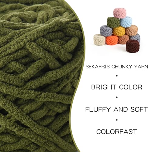 Image of 3 Pack Fluffy Chenille Chunky Yarn for Crocheting 100g(65.6yd) - Baby Yarn for Crocheting Soft - Velvet Yarns for Crochet Blanket - Amigurumi Crochet Yarns (Army Green)