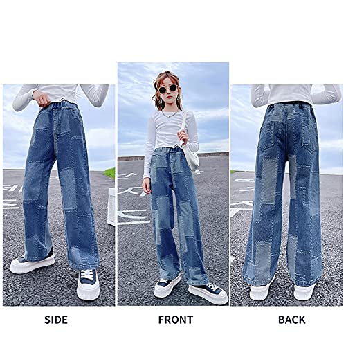 Rolanko Girls Baggy Jeans Elastic Wide Leg Stretch Denim Pants Loose Kids Clothes (Blue Patchw, 10-12) #TOP4