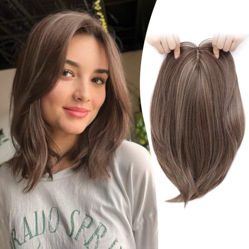 Ms Taj Hair Topper 12 Inch Hair Toppers for Women with Thinning Hair 6.5"x6.5" Large Base Synthetic Hair Topper with Bangs Fiber Wiglets Ladies-Dark Golden Brown with Highlights