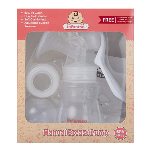 Image of Infantso Manual Breast Pump, 3 Level Suction Adjustment, easy massage cushion & ergonomic handle for easy & painless breast milk expression, 2 Soft Check Valves free, Soft & Gentle, BPA Free