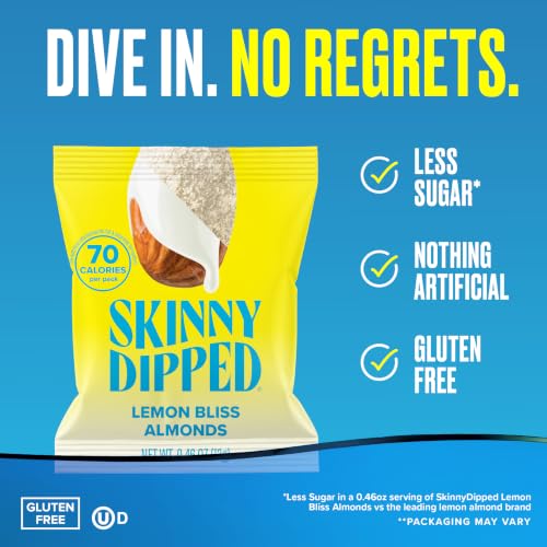 Image of SkinnyDipped Lemon Bliss Almonds Mini Snack Packs | 24 Pack | Crunchy Whole Almonds Thinly Dipped in Yogurt | Plant Protein Snack Packs