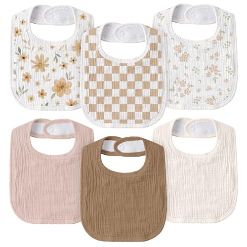 Image of Muslin Bibs for Baby Boy Girl, Adjustable Fit for Drooling and Teething | 6Pk, 100% Soft Cotton Surface & Multi-Layer Absorbent Core, Shrink-resistant & Fade-Proof, Gentle on Sensitive Newborn skin