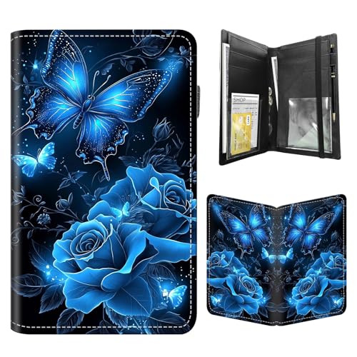 FQSXFIFN Leather Server Book for Waitress, Cute Server Book with Zipper Money Pocket,Check Presenters Waitstaff Organizer Fit Server Apron, Blue Roses Serving Books, Black Waiter Books for Servers