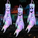 BUOAZR 3 Stück Halloween Deko Geister Windsäcke, Geist Windsack HäNgen Dekoration, mit Farbig LED...