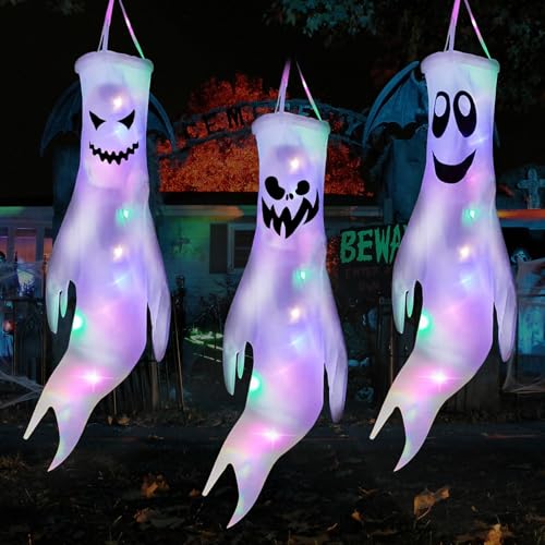 BUOAZR 3 piezas de decoración fantasma colgante de Halloween, soporte de fantasma LED luminoso para Halloween, decoración de fantasmas para Halloween, decoración al aire libre, interior y jardín
