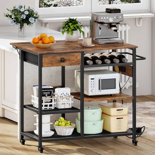 Image of HOOBRO Kitchen Island with Power Outlet, Rolling Kitchen Cart with Drop Leaf, Island Table with Extendable Worktop and Adjustable Shelf, Coffee Station and Microwave Stand Rustic Brown BF22UZD01