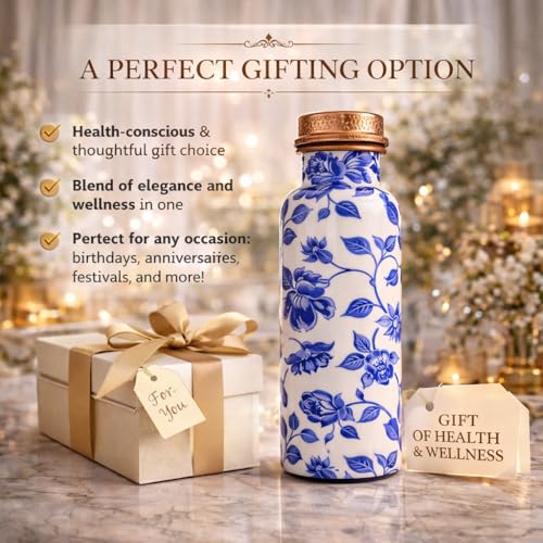 Image of JAIPUR ACE Hammered Pure Copper Water Bottle with Glass Set | 100% Copper Bottle Set | Leak Proof, Ayurvedic Health Benefits, Premium Design Gift Set for Home, Office, Gifting (Royal Blue Floral)